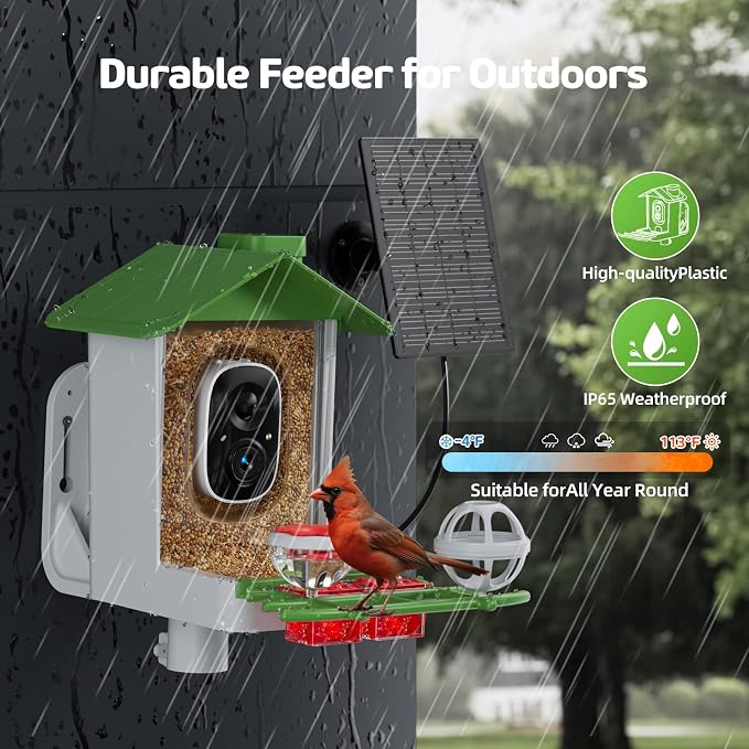 Bird Feeder with Camera, 2K HD Smart Birds Feeder with Solar Panel, AI Bird-Recognition, Instant Motion Alerts, Auto Capture BirdVideos, Outdoor Birdhouse Feeder Gift for Bird Lovers