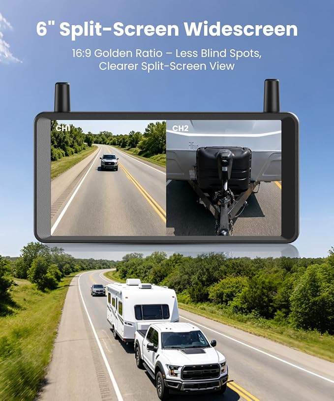 AUTO-VOX 2 Solar Wireless Backup Camera: 1Min Quick Install, Dual Antenna for Stable Real-Time View, 6" Dual-Split Screen with 1080P Color Night Vision, Long Battery Rechargable for Car Truck Trailer