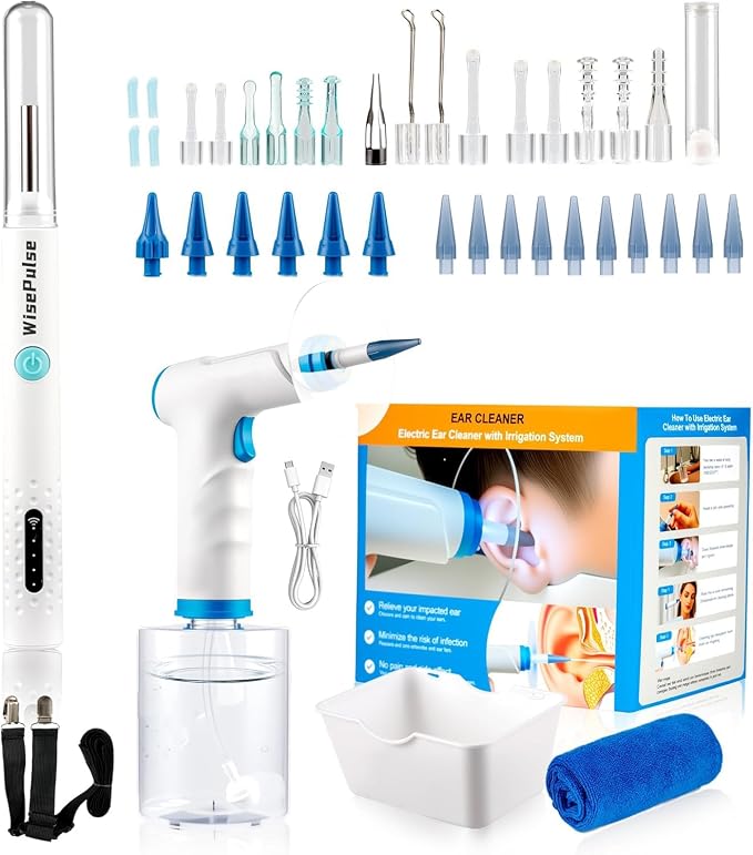 Ear Wax Removal, Ear Cleaner with Camera 500ml Ear Cleaner Kit with HD Display & 4 Pressure Settings, Safe and Effective Ear Flush Kit with Ear Cleaner - Includes Basin, Towel & 16 Tips