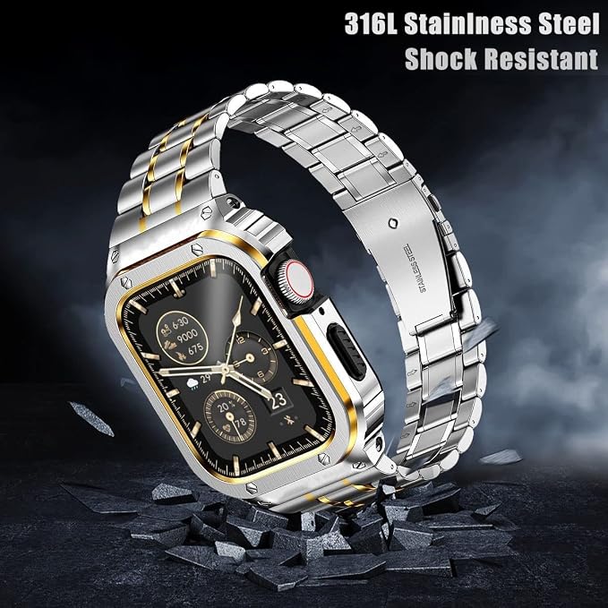 MioHHR Stainless Steel Watch Band with Case Compatible with Apple Watch Series 11/10 46mm,Rugged Strap with Metal Protective Bumper Cover for iWatch Band Men(Silver/Gold)