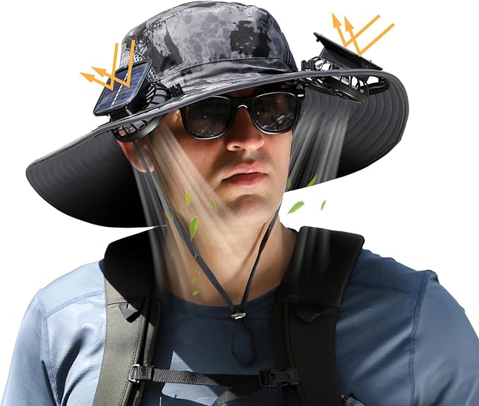 Solar Fan Hat,Wide Brim Solar Powered Fan Hat,Sun Hat with 2 Built-in Fans for Men