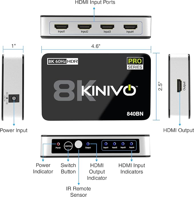 Kinivo 8K HDMI Switch (8K 60Hz, 4 in 1 Out, 48Gbps HDMI 2.1 Hub, Ultra HD Switcher, HDR10+, Dolby Atmos) - Compatible with HDTV, Nintendo Switch 2, PS5, Xbox, Apple TV