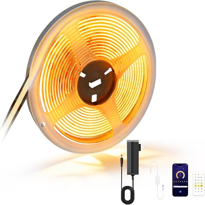 COB LED Strip Lights, CCT Tunable White LED Tape Light 24ft/7.5m, 2700K-6500K, CRI90+, 24V Dimmable LED Strips Kit with Bluetooth APP Control, for Bedroom, Kitchen, DIY Lighting.