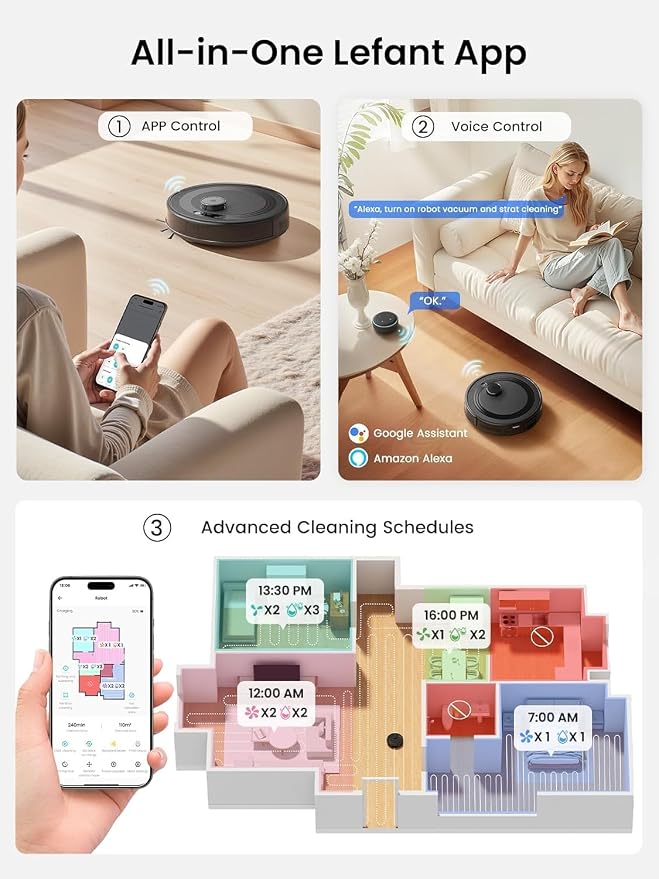 Lefant Robot Vacuum and Mop Combo,75-Days Self-Emptying,6000Pa Powerful Scution,Multi-Floor Mapping, No-Go Zones,140 Min Runtime,2.4G/5G WiFi/Alexa/APP/iWatch, M2 Plus Black