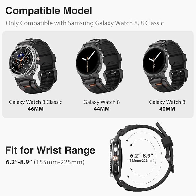 ULTIMAL Rugged TPU Sport Band ONLY for Samsung Galaxy Watch 8 Classic & Galaxy Watch 8 (40/44/46mm), Replacement Strap with Secure Connector, Waterproof Sweat-Resistant, Fit 6.2”-8.9”(Black+Black)