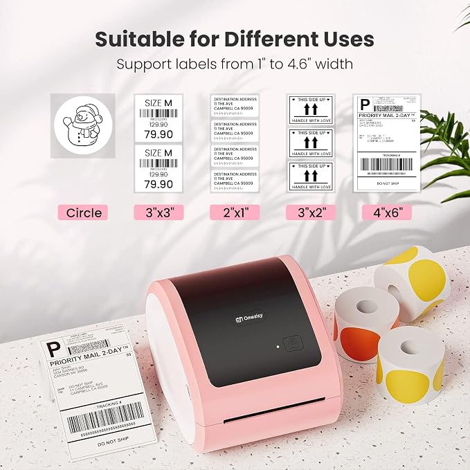 Bluetooth Shipping Label Printer with 1 Roll Labels - D520BT Pink Thermal Label Printer, Thermal Printers with Built-in Label Holder, Come with 500PCS 4x6‬ White Labels (500 Labels/Roll)