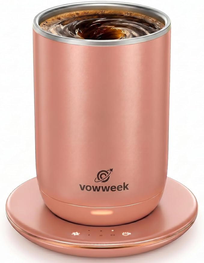 Self Stirring Heated Coffee Mug, 10 oz Auto Magnetic Mixing Cup, DustyRose | 304 stainless steel interior. Includes 3 heat settings, 8H auto shut-off, plug-in base for home office desk