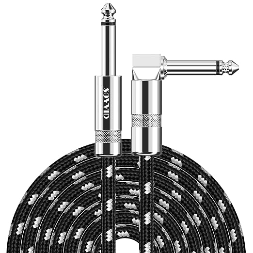 Guitar Cable 20FT Instrument Cord for Electric Bass Keyboard - 1/4 Inch Right Angle AMP Cable - Black White