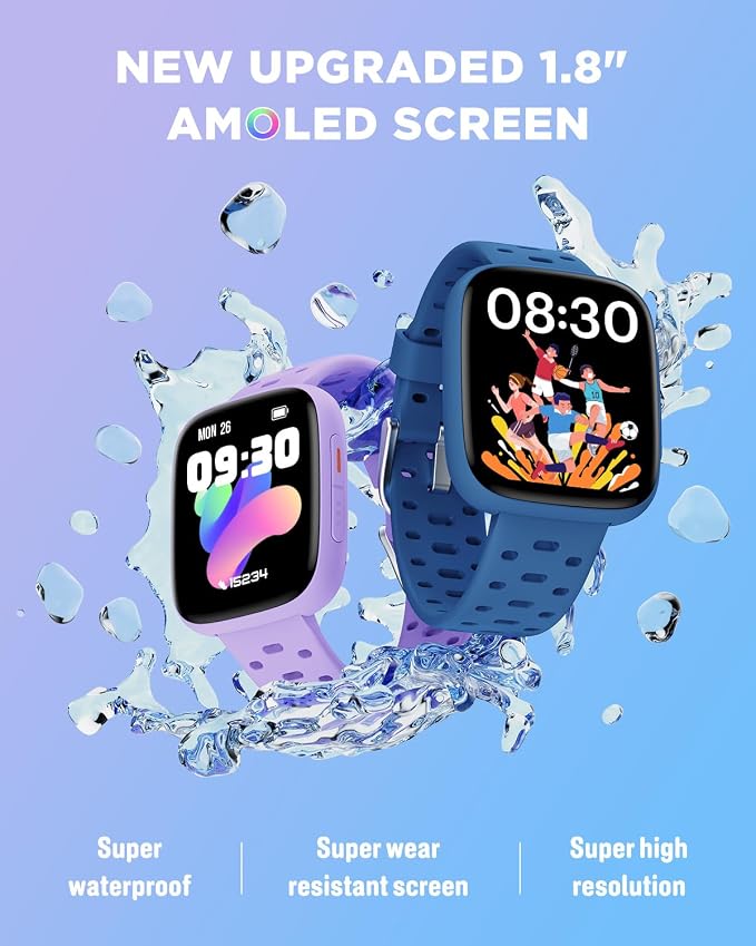 BIGGERFIVE Kids Watch No Phone Needed, 1.8" Amoled Smart Fitness Watch Pedometer, Heart Rate, Sleep Tracker, 30m Waterproof, Step Counter, Puzzle Games, 100+ Dials, Gifts for Boys Girls 5-16, Blue