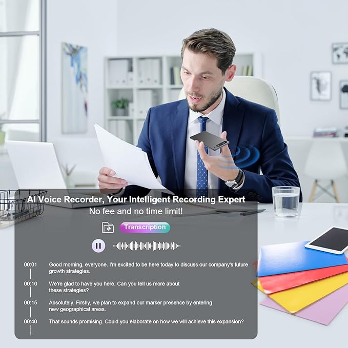 AI Voice Recorder,App Control Card Recorder with Case, Voice Recorder with Transcription, Support 23 Languages,64GB Memory, Audio Recorder for Meetings, Lectures, Calls