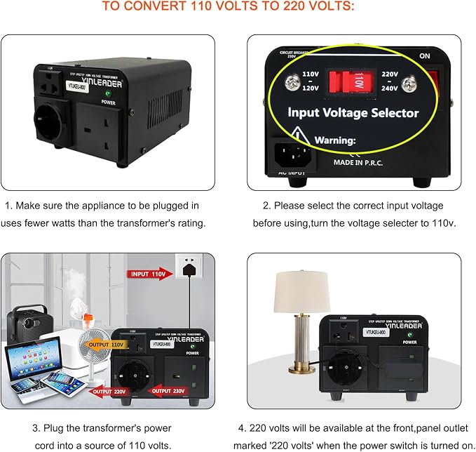 Yinleader Voltage Converter 800W Step Up/Down Transformer 110/120V to 220/230/240V for use European, UK and More Overseas appliances in The US/CA/MX [110V US Power Cord Included Only, No 220V Cord]