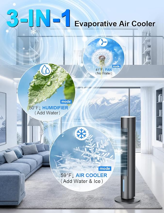 Windowless Air Conditioner, 35" Evaporative Air Cooler with 3 Speeds & 3 Modes, 25ft Remote & Smart Timer, 120°Oscillating Swamp Cooler No Window Needed Portable Air Conditioners for Bedroom
