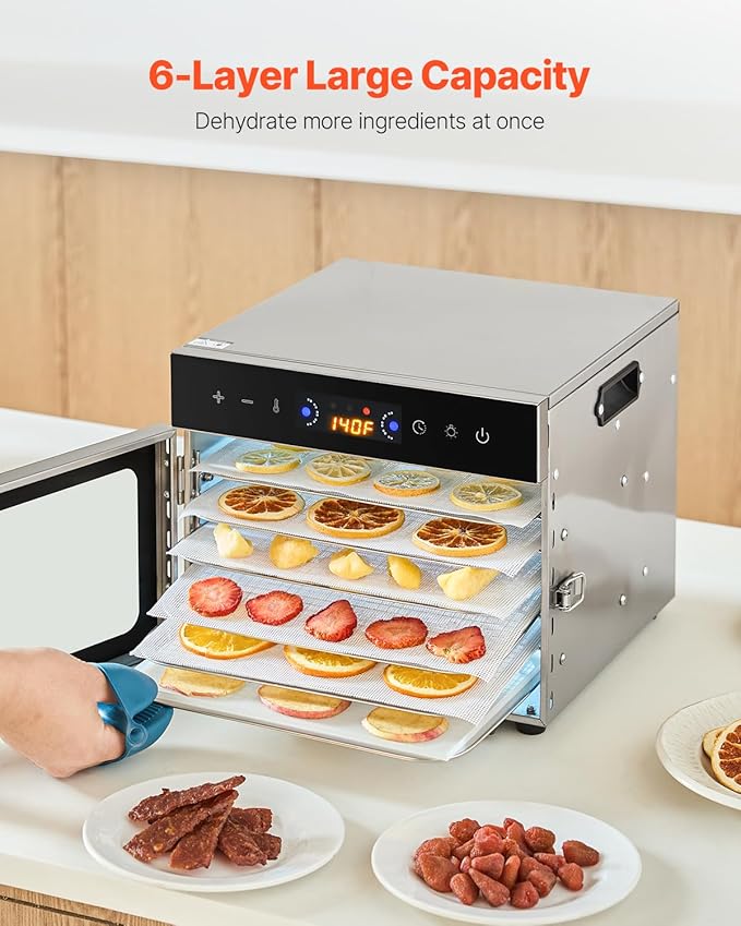 VEVOR Food Dehydrator Machine, 6 Stainless Steel Trays, 400W Electric Food Dryer with Adjustable Temperature & 24-Hour Timer, Food Dryer for Jerky, Meat, Fruit, Vegetables, Herbs, Dog Treats