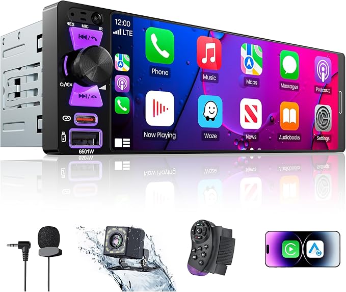 Single Din Car Stereo with Wireless Apple CarPlay & Android Auto, 6.5 Inch InCell Touchscreen Car Radio, Car Stereo with Bluetooth 6.0, 1080P Backup Camera, Mirror Link, AM&FM, Fast Charging, EQ, SWC