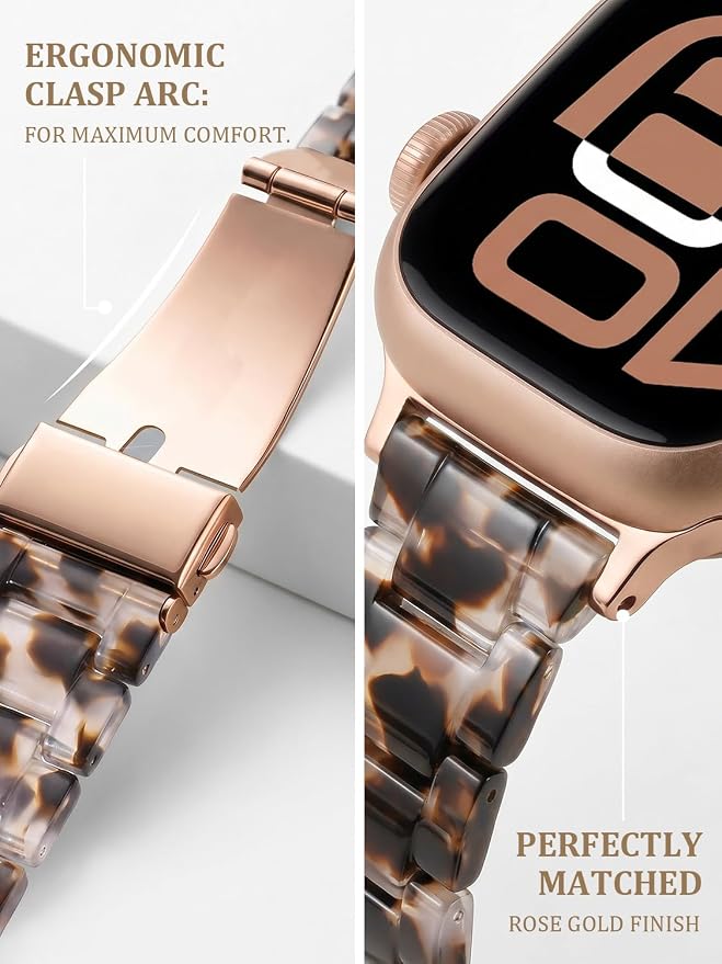 V-MORO Resin Strap Compatible with Apple Watch Series 11/10/9/8/7 40mm 41mm 42mm 38mm Lightweight Fashion Wristband Bracelet for iWatch Series 6/5/4/3/2/1 with Rose Gold Buckle Clear Tortoise
