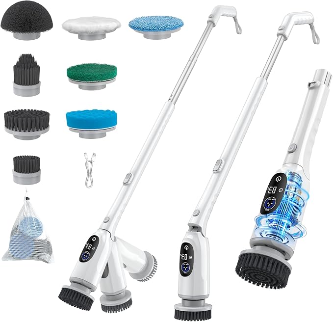 Electric Spin Scrubber, Cordless Power Scrubber with Adjustable Long Handle, 3 Speeds with IPX7 Bathroom Scrubber, 8 Brush Heads, Electric Cleaning Brush for Bathroom/Kitchen/Bathtub/Crack/Floor/Car