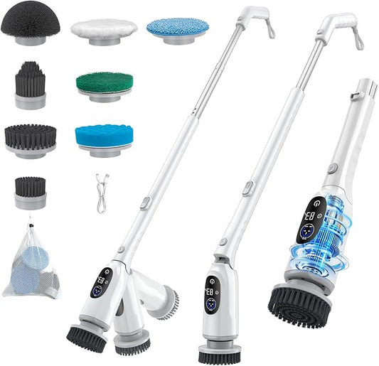 Electric Spin Scrubber, Cordless Power Scrubber with Adjustable Long Handle, 3 Speeds with IPX7 Bathroom Scrubber, 8 Brush Heads, Electric Cleaning Brush for Bathroom/Kitchen/Bathtub/Crack/Floor/Car