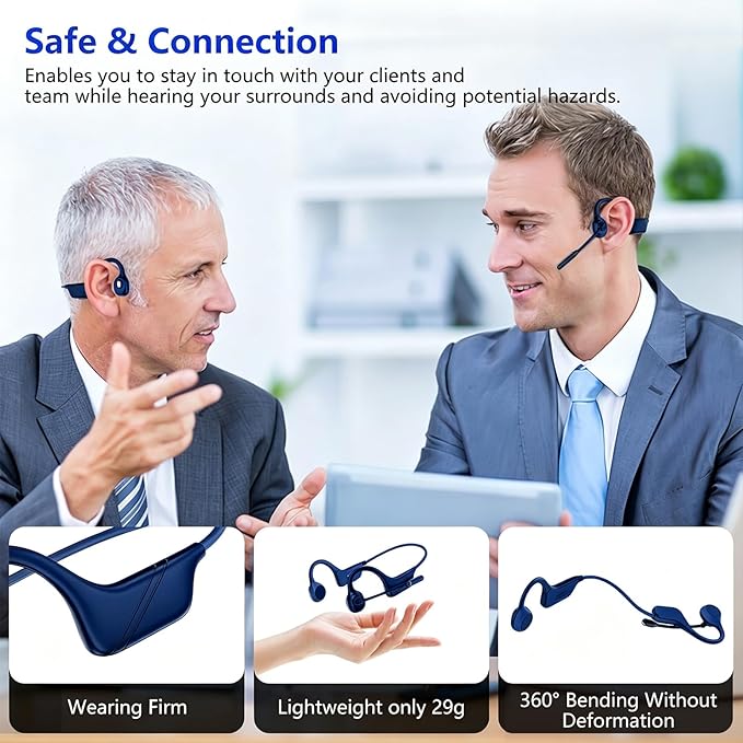 Meetings Open-Ear Headphones with Rotatable Noise-Canceling Boom Mic, Bone Conduction Bluetooth 5.4 Headphones with One-Touch Mute&Magnetic Charging for All-Day Use,Perfect for Driving Learning(Blue
