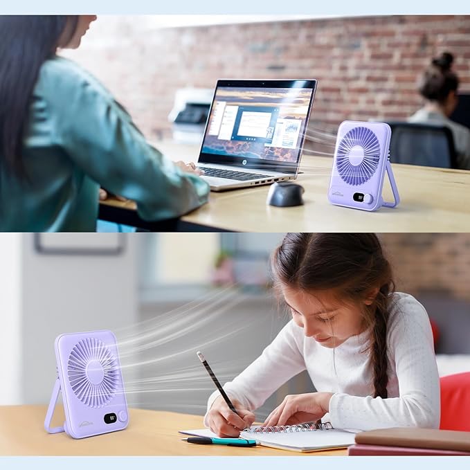 WHATOOK Desk Fan 2 Pack: 100 Speeds Stepless Control 5000mAh Battery Operated Portable Fan, Rechargeable Table Fan for Cruise Ship Essentials, Gift for Couples, Dorm, Office, Bedroom(Black and Purple)
