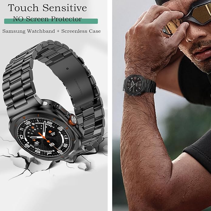 Stainless Steel Metal Band Compatible Samsung Galaxy Watch Ultra 47mm(2025 2024) with Case,Replacement Business 22mm Strap for Galaxy Watch 7 8 Ultra for Men (black+silver)