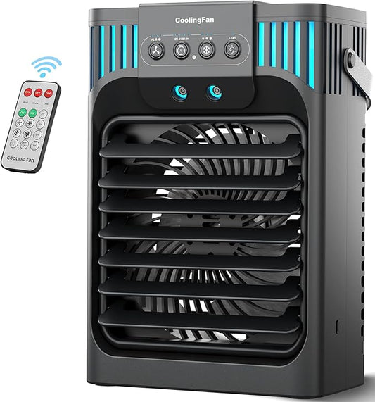 Portable air conditions with remote control, silent with 3 speeds, cooling fan of 1200 ml Personal Air Cooler Fan with 3 Mist, 7 Night Light, 8H Timer, Small Air Conditioner for Bedroom Office