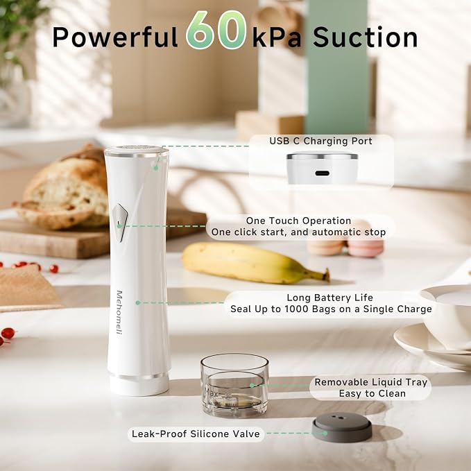 Mehomeli Compact Vacuum Sealer for Food (Vacuum Sealer Machine+3 Glass Vacuum Containers+30 Reusable Vacuum Bags),Powerful Handheld Vacuum Seal Machine,Seal Meal Saver,Portable Food Sealer,Easy-Clean