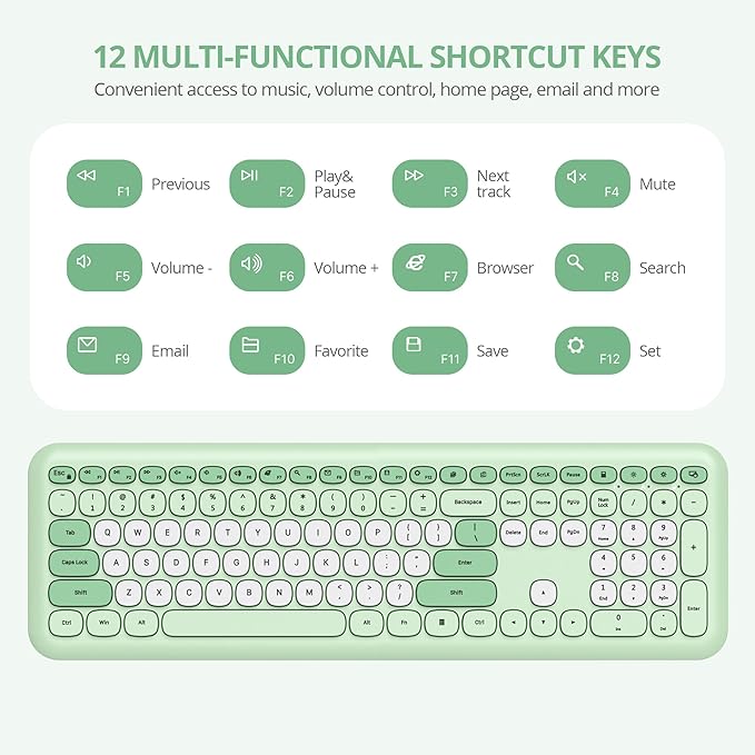 Wireless Typewriter Keyboard and Mouse Combo Retro 104 Key Full Size Office Set Green with Silent Round Keycaps,Ideal for Laptop and Desktop PCs, Cute Design Keyboard (Green White)