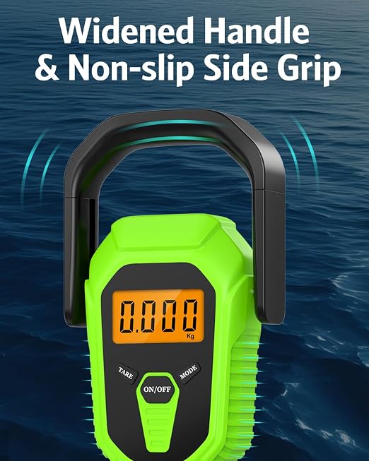 Fish Scale with Lip Gripper, Waterproof Digital Fish Scale, 110lb/50kg Hanging Fish Weight Scale, Portable Luggage Scale with Tape Measure, LCD Backlit, Batteries, for Home Fishing, Green