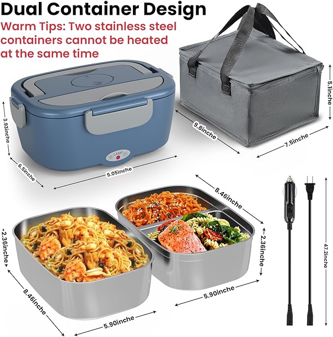 Sitlais Electric Lunch Box for Adults - Fast Heating Portable Food Warmer with 2 of 53oz 304 Stainless Steel Containers 12V/24V/110V Heated Lunch Box for Men&Women Work Office Truck Travel lonchera