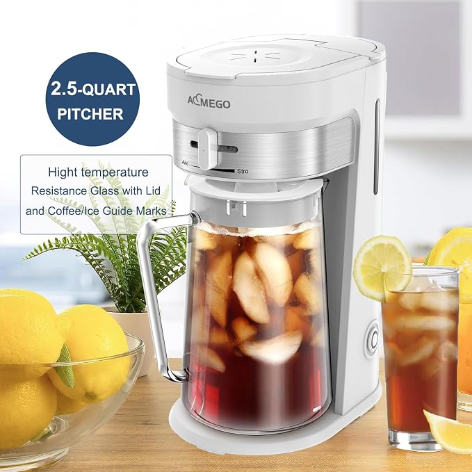 AEMEGO Iced Tea Coffee Maker, Brewing System with 2.5-quart Glass Pitcher, sliding strength selector, Stainless Steel Decoration, Reusable Filter（white）