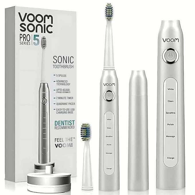 Voom Sonic Electric Toothbrush – Bathroom Essentials & Travel Essentials – Ultrasonic Electric Toothbrush for Adults – USB Rechargeable 40,000 Strokes/Minute – 5 Speeds – Pro 5 Series (Silver)