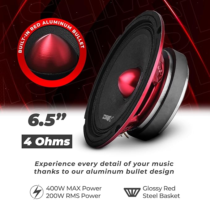 DS18 PRO-X6.4BMSL Slim Loudspeaker - 6.5", Midrange, Red Aluminum Bullet, 400W Max, 200W RMS, 4 Ohms - Premium Quality Audio Door Speakers for Car or Truck Stereo Sound System (1 Speaker)