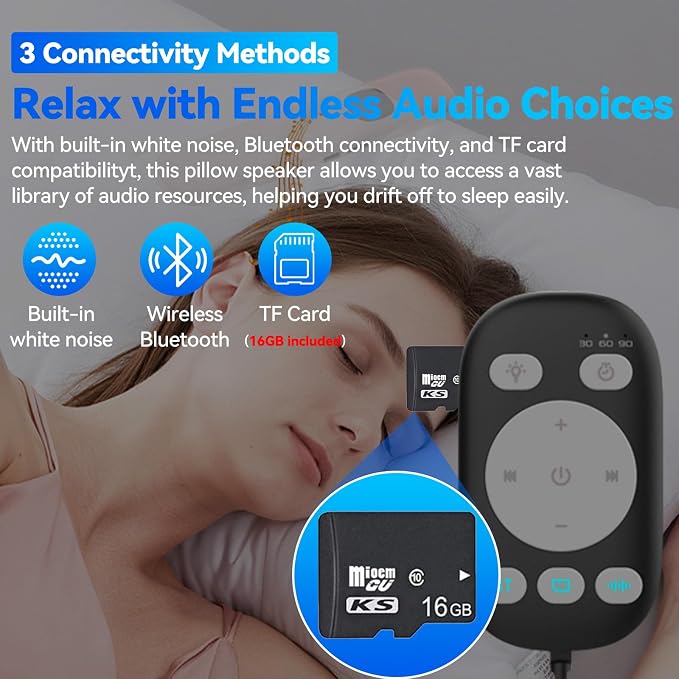 Pillow Speaker with Remote for Sleeping - Bone Conduction Speaker with 36 Built-in White Noise, Silent Bluetooth Speakers Under Pillow, Portable Sleep Bar (with TF Card, Black)