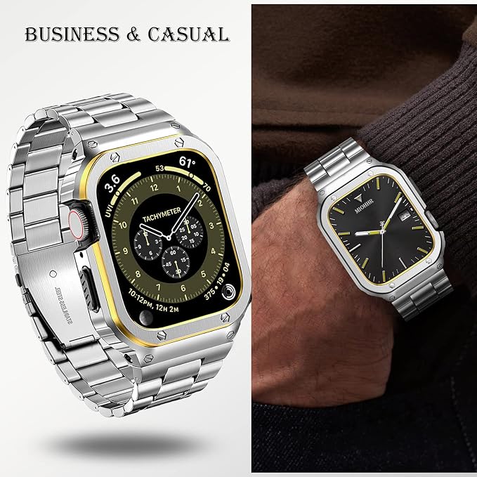 MioHHR Stainless Steel Band and Case Compatible with Apple Watch Band 41mm 40mm 38mm, Men Metal Protective Bumper Cover for iWatch Series 9/8/7/6/5/4/3/2/1/SE/SE2/SE3, Silver/Gold