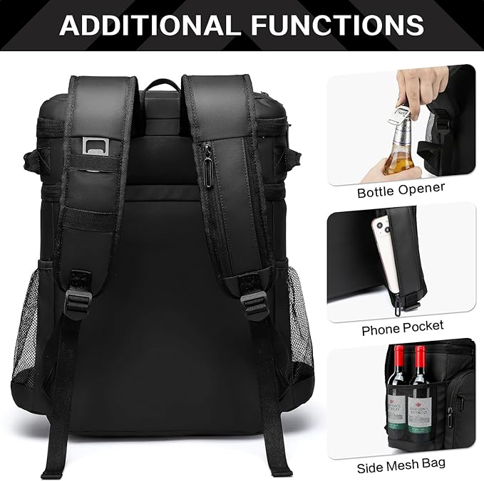 Laripwit Picnic Backpack Cooler Bag - 54 Cans Black Insulated Leak-Proof Lunch Backpack With Cooler Compartment, Large Double Deck Soft Bag for Beach, Camping, Travel
