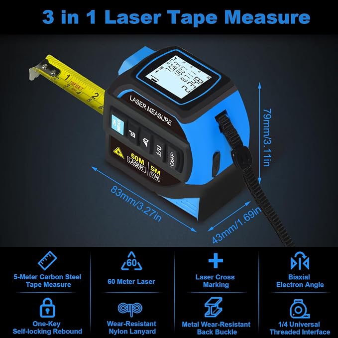 Menider 4-in-1 Laser Measure Tool - Digital LCD & Self-Locking, 196ft/60m Laser & 16ft/5m Tape, Cross Line & Dual-Axis Angle, Rechargeable for Pros