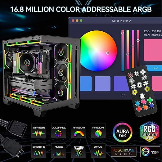 FB120 3 Pack 120mm ARGB PC Case Fans - Wireless Splicing/Daisy-Chain Design, 16.8M Colors Infinite Mirror Design with Remote, PWM Speed Control, High Airflow, Quiet Cooling for Gaming PC Build