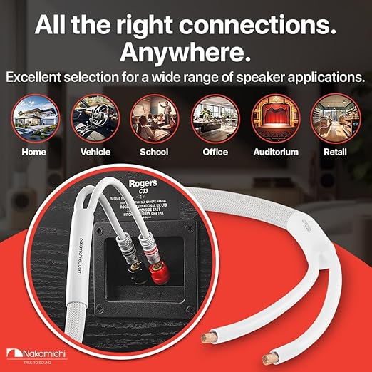 Nakamichi Excel Series 24k Gold Plated Banana Plugs with Speaker Cable Wire 99.9% Oxygen-Free Copper (OFC) Heavy Duty Braided for Amplifier Hi-Fi Home Theatre - White (12 AWG / 15 feet / 4.5m)