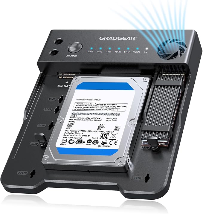 GRAUGEAR NVMe M.2 & SATA SSD/HDD Hard Drive Docking Station, USB-C 10Gbps NVMe Reader, SATA to M.2 NVMe Cloner, 2.5/3.5 Hard Drive Enclosure Clone Station, Dual Bay Offline Clone