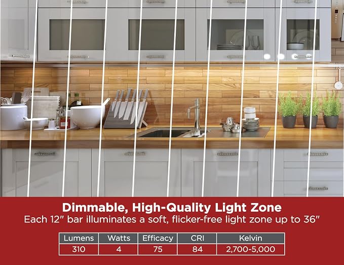 PureOptics LED Professional Push Wire Under Cabinet Light Bar, Add-on, Plug-in or Hardwire Compatible, Adjustable White and RGB LED, for Kitchen, Pantry, Cabinets, (1) 12" Bar