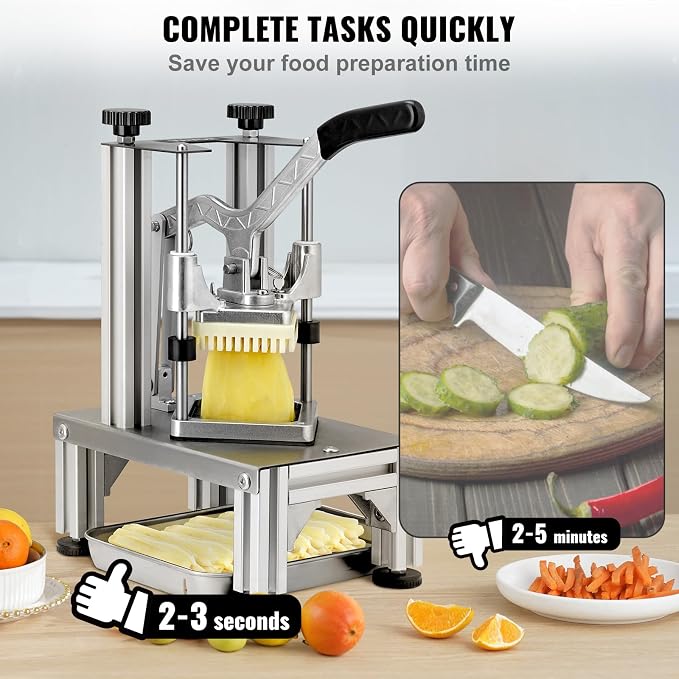 VEVOR Commercial French Fry Cutter with 4 Replacement Blades, 1/4" and 3/8" Blade Easy Dicer Chopper, 6-wedge Slicer and 6-wedge Apple Corer, Lemon Potato Cutter for French Fries with Extended Handle