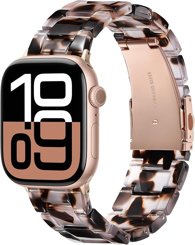V-MORO Resin Strap Compatible with Apple Watch Series 11/10/9/8/7 40mm 41mm 42mm 38mm Lightweight Fashion Wristband Bracelet for iWatch Series 6/5/4/3/2/1 with Rose Gold Buckle Clear Tortoise