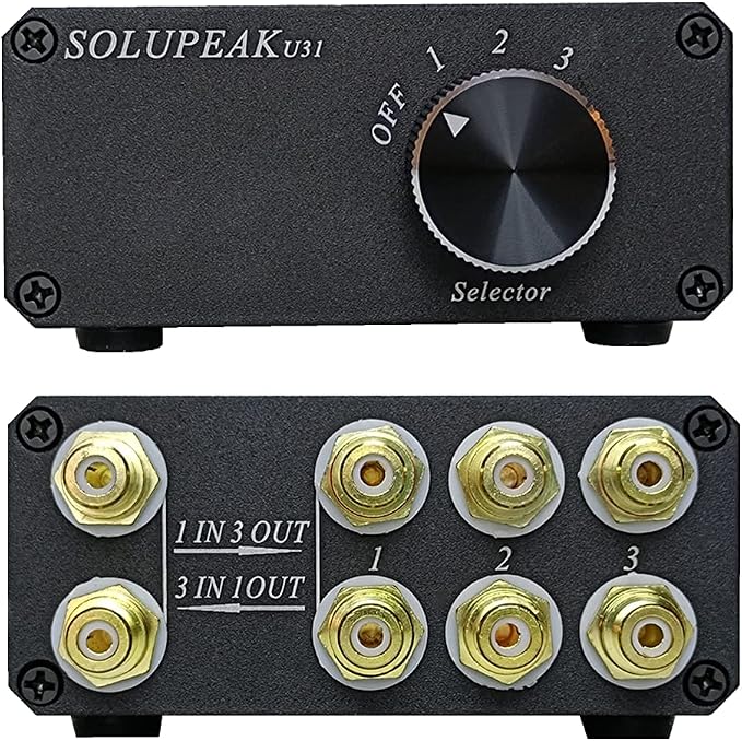 U31 Premium RCA Switch Box, 3 in 1 Out Audio Switch, Stereo Switch Box with Signal Lossless, Sturdy Aluminum case Strong Anti-Interference, Compact Connector Distributor RCA Splitter Boxes