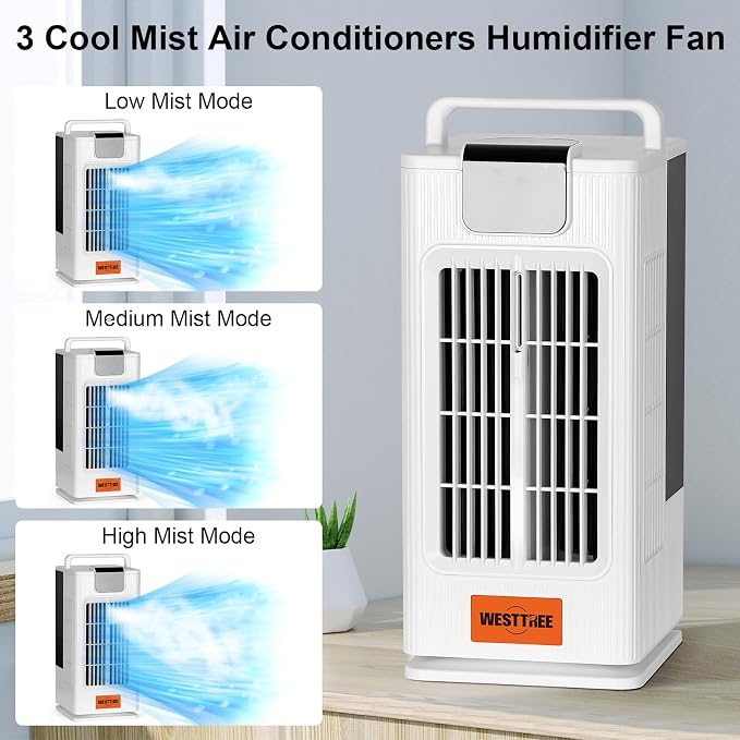 WESTTREE 2000ML Misting Tower Fan Air Conditioner Fan,3 Level Humidify & 4 Speeds, 7 RGB Color Night Lights,Desk Portable Air Conditioners for Bedroom Home Misting Fan F10 white-FU