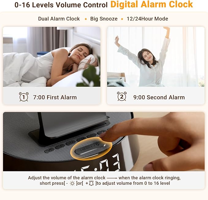 Alarm Clock with Wireless Charging Station, Clock for Bedroom with Night Light Bluetooth Speaker, Wireless Charger Dock Station for iPhone 17 16 15 14 13 12 Pro Max, Apple Watch 11, AirPods 3 (Black)