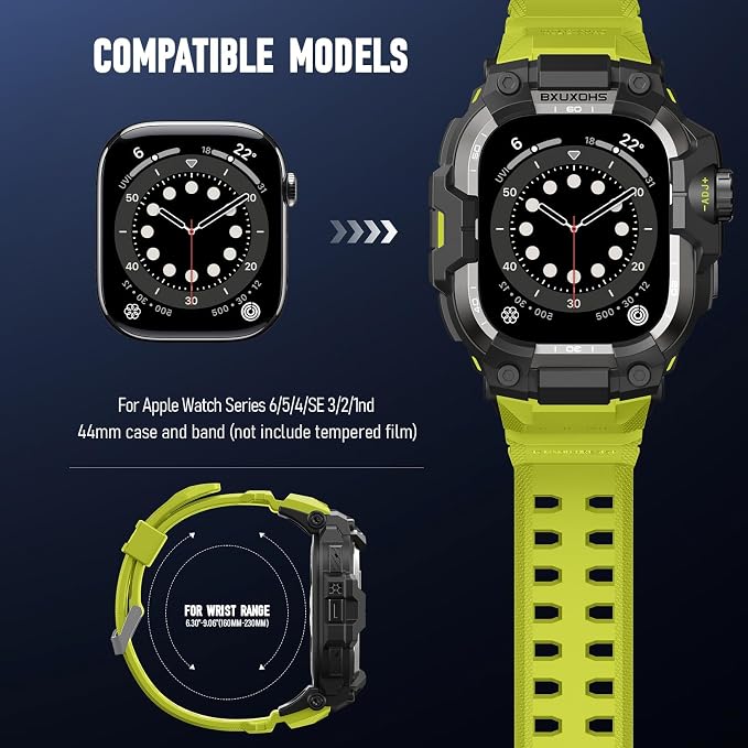 BXUXOHS Rugged Case and Band for Apple Watch 44mm Men, Compatible with Apple Watch SE 3/SE 2nd Generation/SE/Series 6/5/4, Military Grade Shockproof Bumper Cover,Tactical Band Case for iWatch 6/5/4/SE
