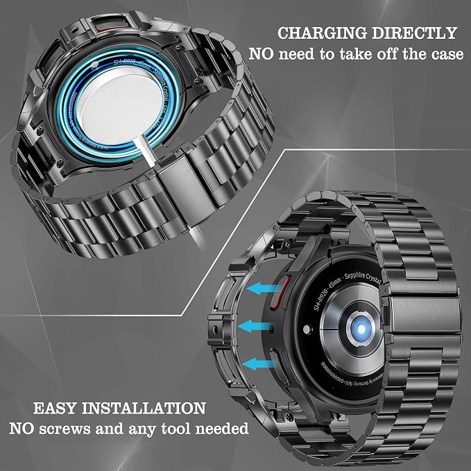 SUPLINK Metal Case and Band Compatible with Samsung Galaxy Watch 7 Bands for Men, Stainless Steel Protective Case Bumper Band for Samsung Galaxy Watch 7 44mm, Space Grey