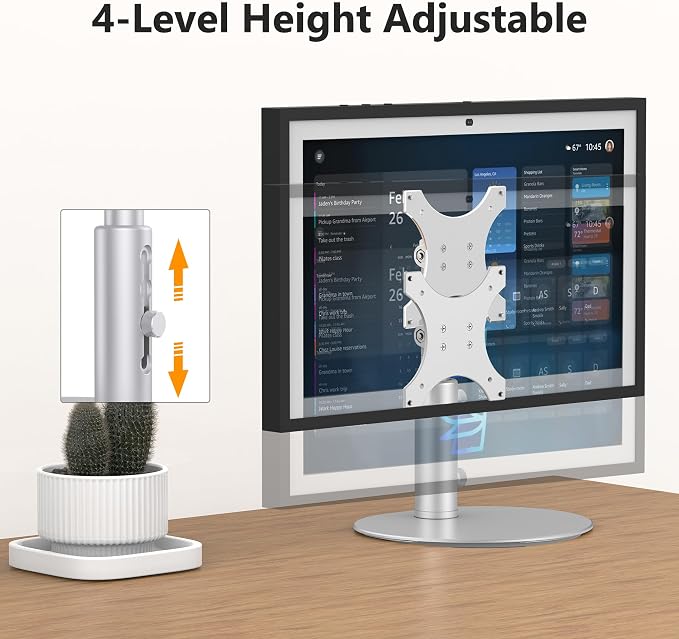 Laivli Rotating Stand for Echo Show 15 (Gen 1, Gen 2) and Show 21, Silver Aluminum Mount with Rotating Base, 4-Level Height Adjustable and Tiltable Holder, Easy Installation for Show 21/15 (Rotatable)