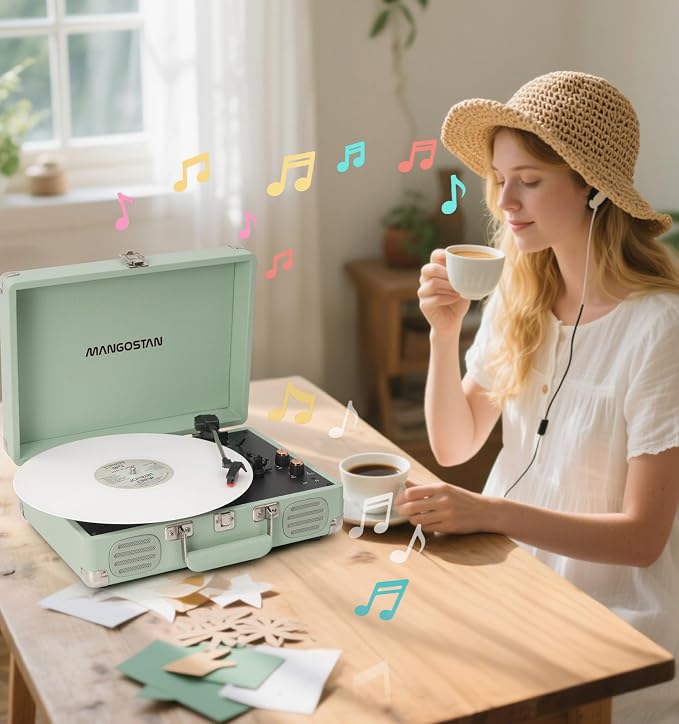 Record Player 3 Speed Bluetooth Portable Suitcase, Vinyl Phonograph with Built-in Bass & Speakers, Belt-Driven LP Player Support AUX-in RCA Line Out Headphone Jack, Green