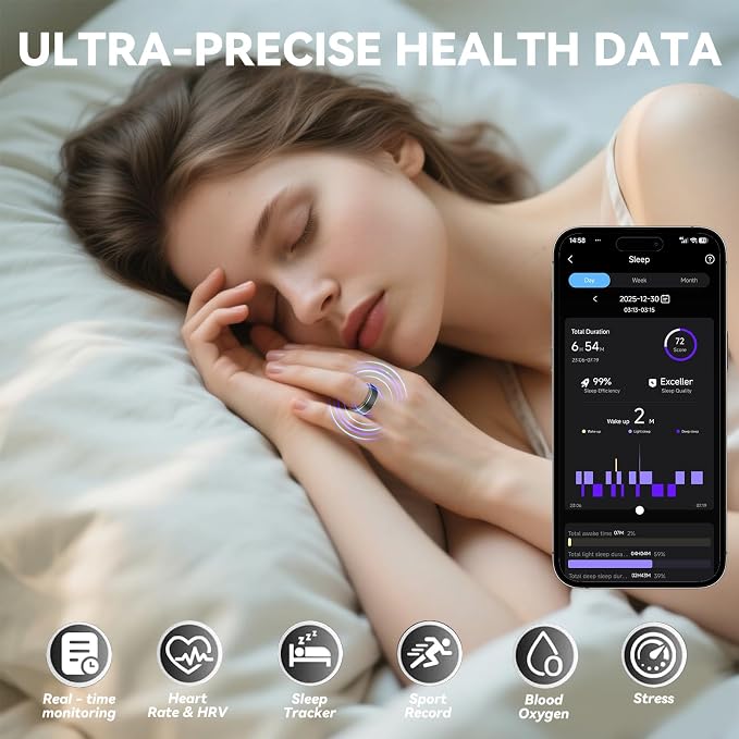 Smart Ring for Women Men,Fitness Ring with 24/7 Activity Tracking,Stress,Sleep Monitoring,No APP Subscription Fees,Compatible with iOS & Android, HarmonyOS Black, 8#